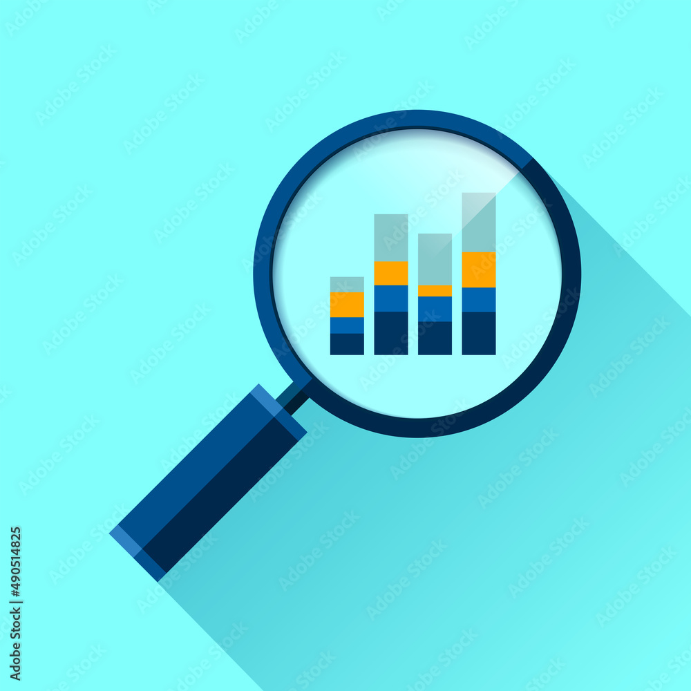 Poster magnifying glass icon in flat style. search loupe and diagrams on color background. business analyti