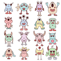 Set funny baby monsters. Cute fictional creatures hand drawn collection. Interesting fairy tale characters doodle isolated vector illustration