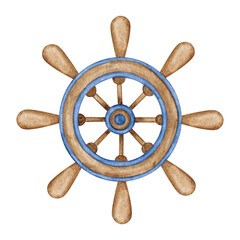 cartoon helm illustration. Watercolor wooden hand drawn wheel clipart isolated on white background. Kids nautical illustartion © Катерина Тышковская