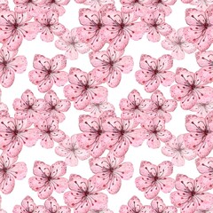 Seamless pattern of cherry and cherry blossoms, pink flowers, a twig with spring flowers