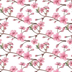 Seamless pattern of cherry and cherry blossoms, pink flowers, a twig with spring flowers