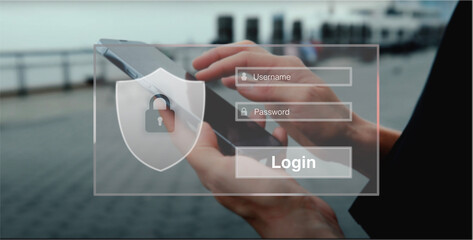 open login window asks for username and password, next to it a shield with keyhole, in the...