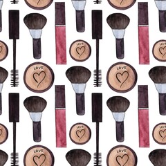 Seamless pattern of cosmetic brushes, mascara, lipstick, blush.Watercolor drawing, makeup kit