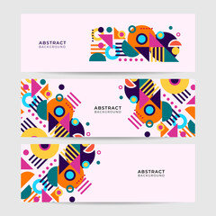 Obraz premium Set of Shape abstract pink colorful memphis wide banner design background Abstract colorful memphis geometric business banner background. Vector illustration.