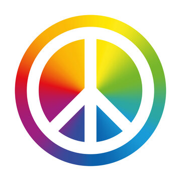 White peace symbol, on a rainbow colored circle. Originally designed for the nuclear disarmament movement, now widely known as the peace sign, adopted by the anti-war movement. Isolated illustration.