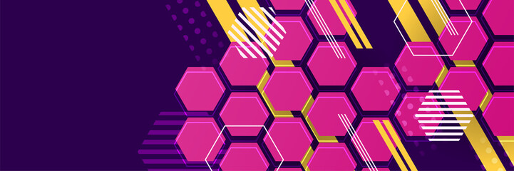 Hexagonal abstract pink purple colorful memphis wide banner design background. Abstract colorful memphis geometric business banner background. Vector illustration.
