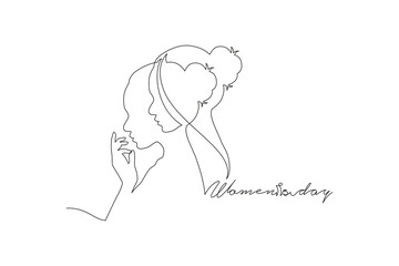 Happy Women Day greeting card illustration. Continuous line drawing diverse woman silhouette. Young girl team together for march 8th international womens event. Vector illustration.