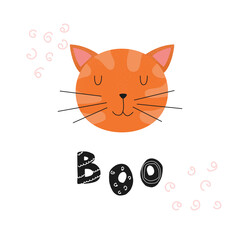 Cute muzzle of a cat and the inscription BOO. Kawaii doodle illustration