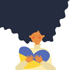 A woman hugs a heart painted in the colors of Ukraine. Flat vector illustration in doodle style.
