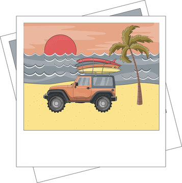Car with surf boards on the ocean, palm tree and sunset. Flat vector illustration in photocard frame.