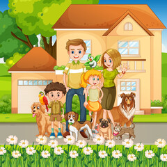 Outdoor scene with happy family and their dogs