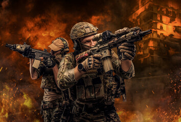 Two pride soldiers with aiming rifles against burning city