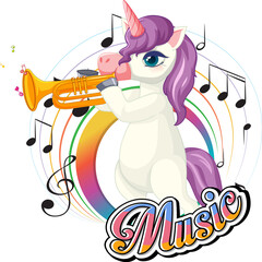 Cute purple unicorn blowing trumpet with music notes on white background.