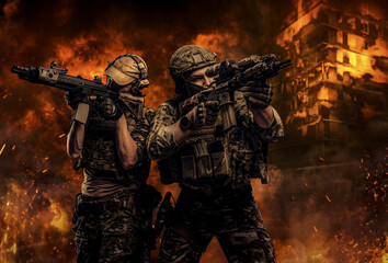 Two special force soldiers with rifles against burning city