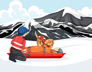 Snow scene with firerman rescue in cartoon style