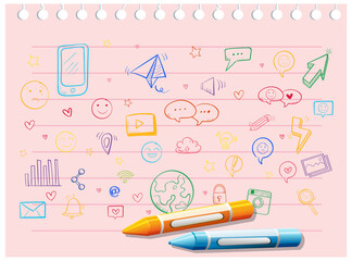 Coloured doodles objects on paper with crayons