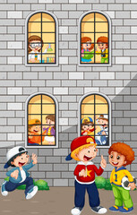 Apartment windows with neighbors cartoon character