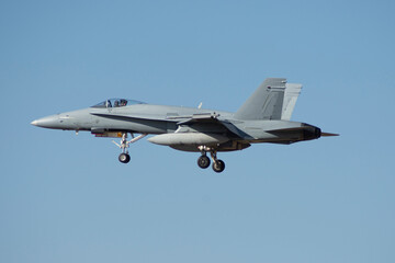 Fototapeta na wymiar Reactor militar, avión de combate aterrizando F-18 Hornet