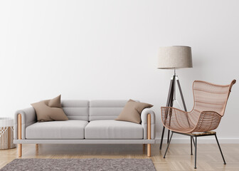 Empty white wall in modern living room. Mock up interior in contemporary, scandinavian style. Free, copy space for picture, poster, text, or another design. Sofa, rattan armchair, lamp. 3D rendering.