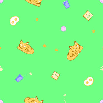 Seamless pattern imaging sleeping cat or fox, slice of bread, animal traces, scrambled eggs, cake and a cup of coffee or tea. All subjects are located on green background.
