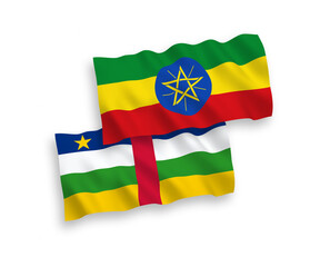 National vector fabric wave flags of Central African Republic and Ethiopia isolated on white background. 1 to 2 proportion.