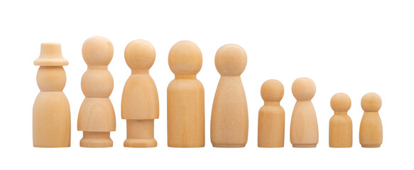 Wooden peg doll as big family isolated over white background.