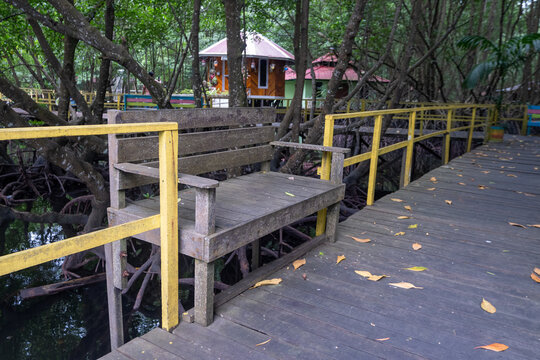 ironwood chairs for tourists resting in the mangrove forest tourism park © Muhammad