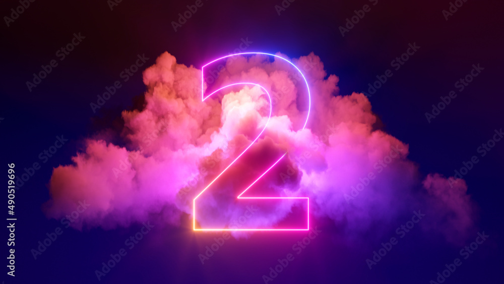 Wall mural 3d render, neon linear number two and colorful cloud glowing with pink blue neon light, abstract fan