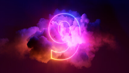 3d render, neon linear number nine and colorful cloud glowing with pink blue neon light, abstract...
