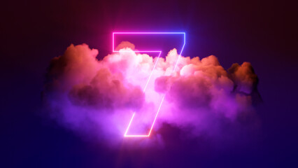 3d render, neon linear number seven and colorful cloud glowing with pink blue neon light, abstract...