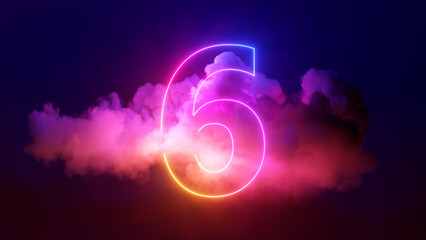 3d render, neon linear number six and colorful cloud glowing with pink blue neon light, abstract...