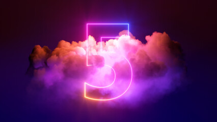 3d render, neon linear number five and colorful cloud glowing with pink blue neon light, abstract...