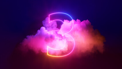 3d render, neon linear number three and colorful cloud glowing with pink blue neon light, abstract fantasy background - obrazy, fototapety, plakaty