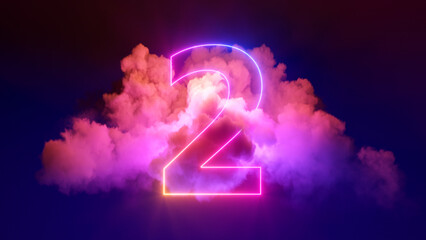 3d render, neon linear number two and colorful cloud glowing with pink blue neon light, abstract...