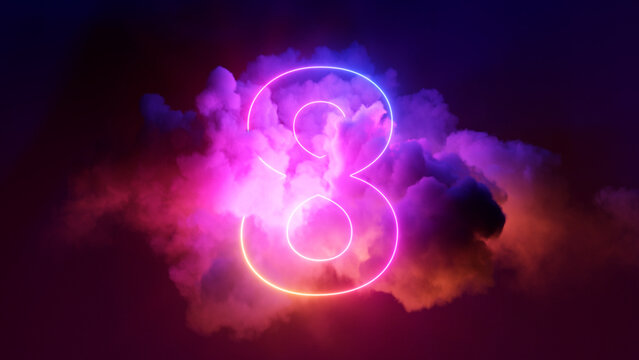 3d render, neon linear number eight and colorful cloud glowing with pink blue neon light, abstract fantasy background
