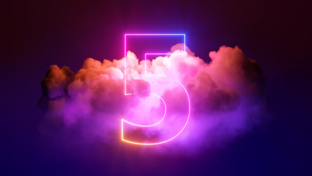 3d render, neon linear number five and colorful cloud glowing with pink blue neon light, abstract fantasy background