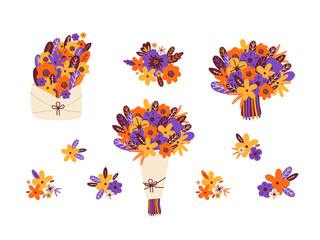Bouquets of flowers and flower arrangements vector set. Spring and summer floral elements, buds, leaves. Hand drawn vector illustration in Scandinavian style