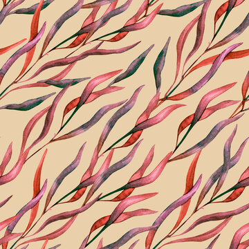 Seamless endless pattern of curly plants with long thin leaves in red, pink and purple on a pink and beige background. Painted in watercolor.
