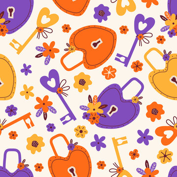 Heart shaped lock and golden key on light background. Hand drawn vector seamless pattern. Symbol of love padlock for 14 february, Valentines day, wedding. Illustration in Scandinavian style.