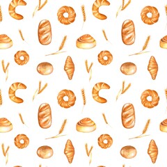 Hand-drawn watercolor pattern with pastries on a white background.