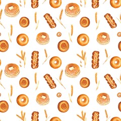 Hand-drawn watercolor pattern with pastries on a white background.