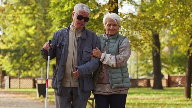 Elderly blind caucasian man rambles with his supportive retired wife in the park. High quality 4k footage
