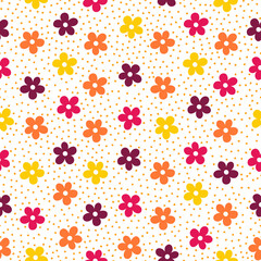 Cute seamless pattern with colorful flowers and dots.