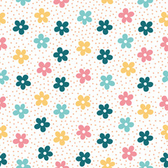 Fototapeta na wymiar Cute seamless pattern with colorful flowers and dots.