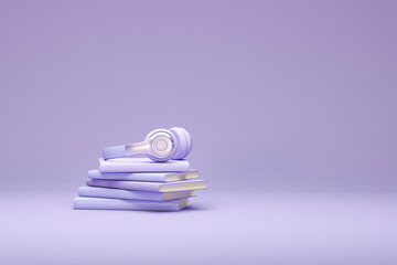 Stack of books with headphones isolated on pastel purple background. Audiobook concept. Minimal style. 3d rendering
