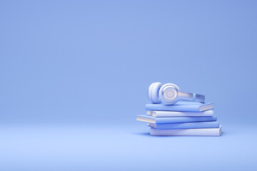 Stack of books with headphones and fan isolated on pastel blue background. Audiobook concept. Minimal style. 3d rendering
