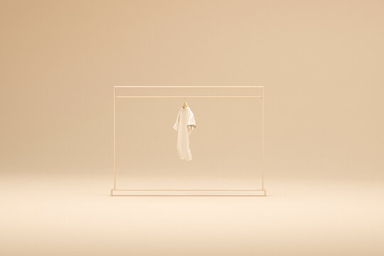 Only one shirt on a hanger, storage shelf in a cream background. Collection of clothes hanging on rack with white and beige colors. 3d rendering, concept for shopping store and bedroom, sold out.