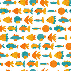 Abstract background with flat sea fish with different designs. Vector hand-drawn seamless pattern.
