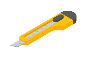 Yellow plastic stationery knife with sharp blade isometric vector illustration. Paper cutter steel tool instrument danger utensil isolated. Metallic equipment for cutting slicing documents - obrazy, fototapety, plakaty