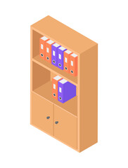 Obraz premium Office cupboard with shelves for folders documents placement isometric vector illustration. Comfortable book stand with stack of important paperwork, bookshelf cabinet, archive organization